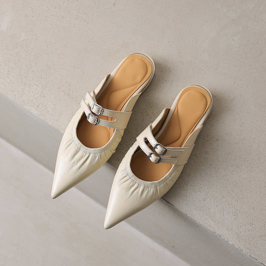 Womens Pointed Toe Stylish Double Buckle Sheepskin Low Heel Mule Shoes