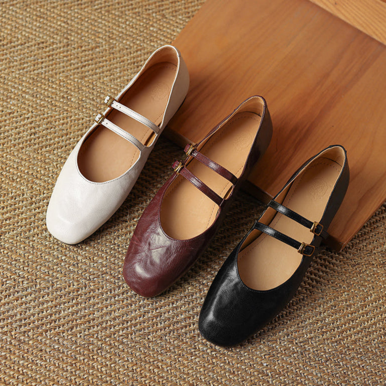 Womens Vintage Handmade Double Buckle Ballet Mary Jane Shoes