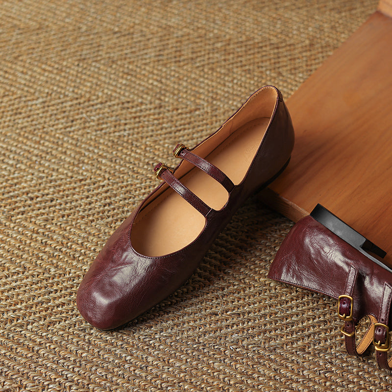 Womens Vintage Handmade Double Buckle Ballet Mary Jane Shoes