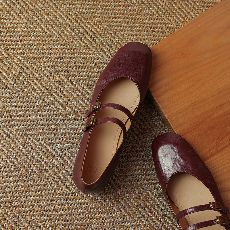 Womens Vintage Handmade Double Buckle Ballet Mary Jane Shoes