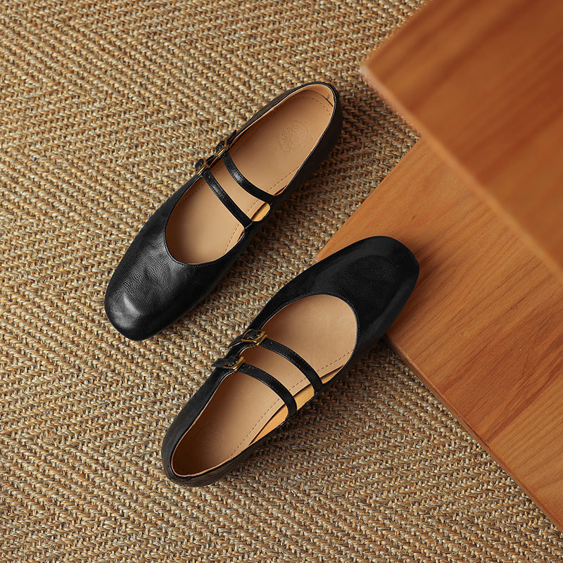 Womens Vintage Handmade Double Buckle Ballet Mary Jane Shoes