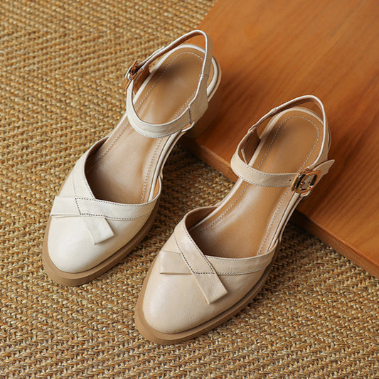 Sheepskin Leather Chunky Heels Sandal for Women Classic Close Toe Pump