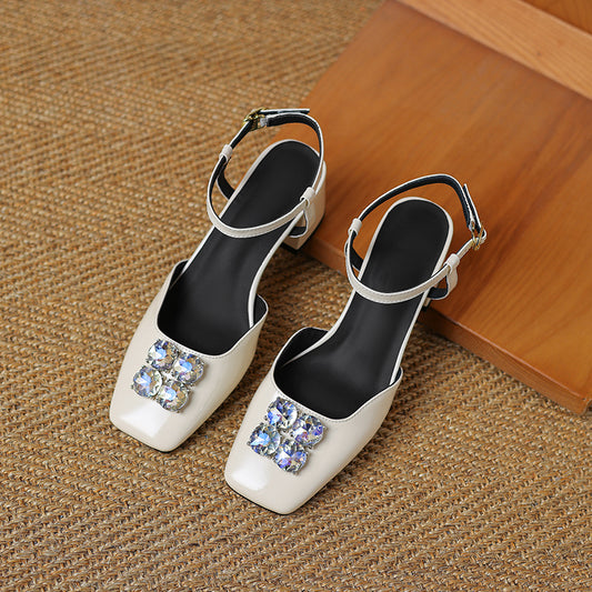 Women's Square Toe Rhinestone Chunky Heel Ankle Strap Sandals