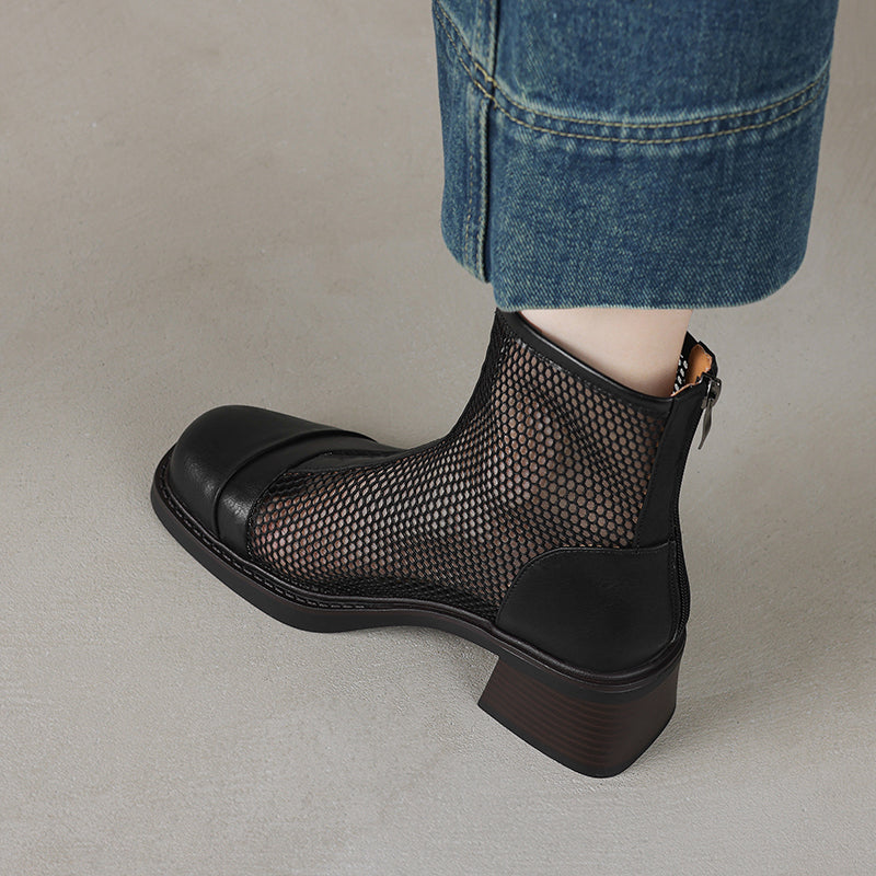 Women's Summer Square Toe Leather Platform Chunky Heeled Mesh Boots