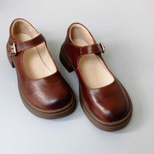Leather Mary Jane Shoes for Women – Retro Buckle Low Block Heels