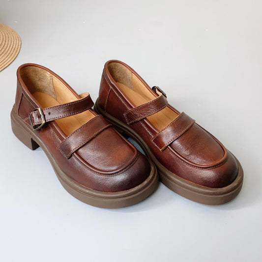 Women's Leather Round Toe Preppy Style Buckle Mary Jane Shoes