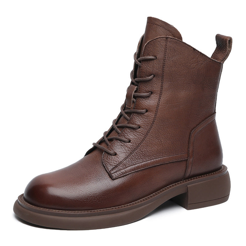 Women's Leather Vintage Zipper Lace Up Block Heel Ankle Boots
