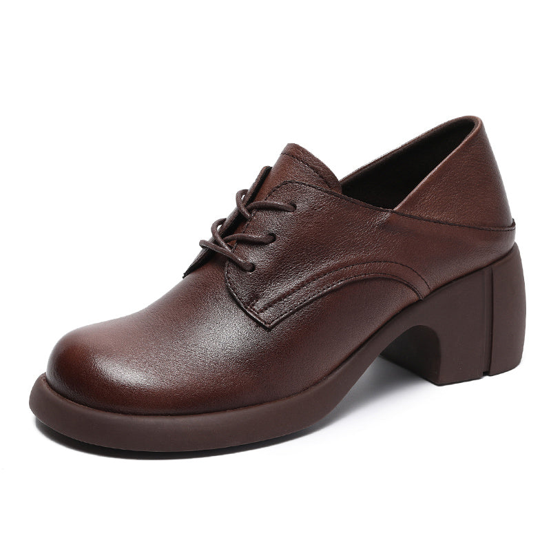 Women's Leather Retro Lace-up Block Heel Oxford Shoes