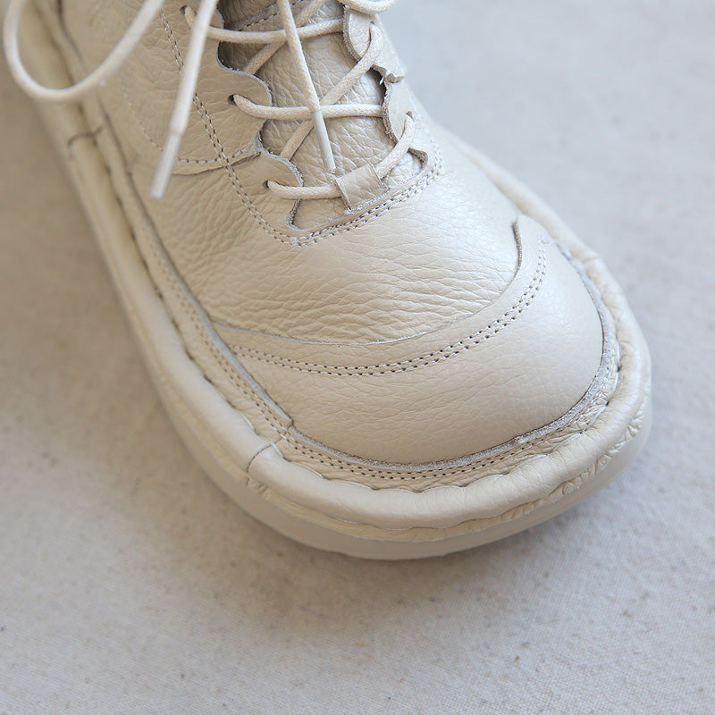 Women Leather Wide Toe Box Platform Casual Lace-up Boots