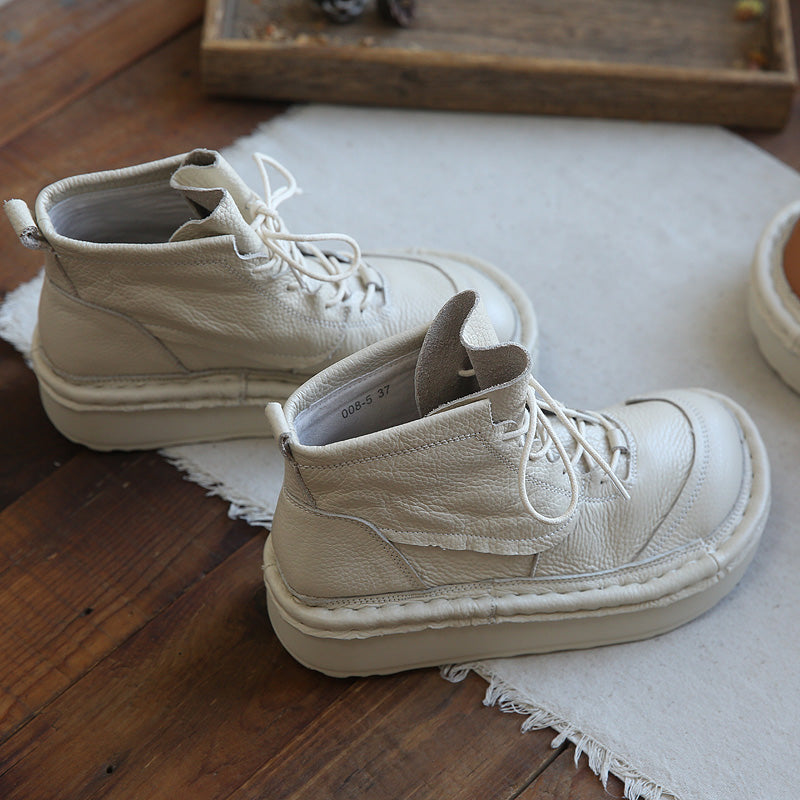 Women Leather Wide Toe Box Platform Casual Lace-up Boots
