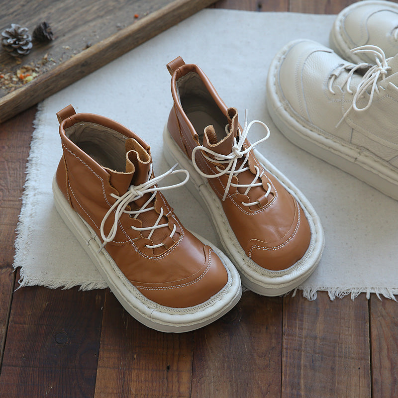 Women Leather Wide Toe Box Platform Casual Lace-up Boots