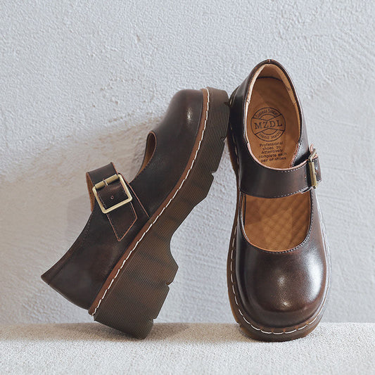 Women Vintage Buckle Leather Platform Mary Janes Heels Shoes - RetroStep