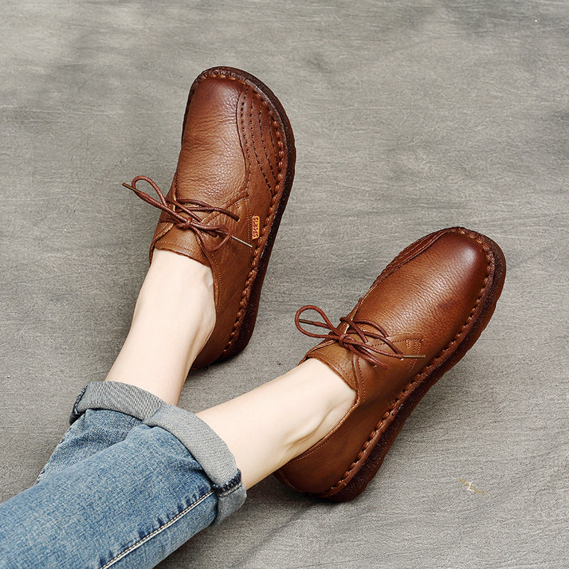 Women Handmade Oxfords Leather Comfortable Flat Lace-up Shoes