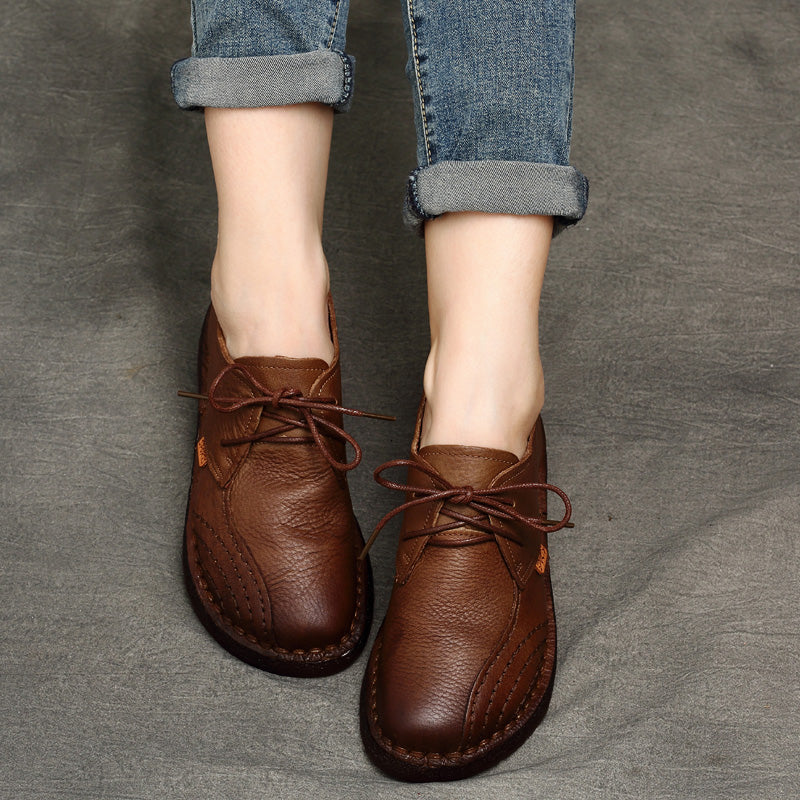 Women Handmade Oxfords Leather Comfortable Flat Lace-up Shoes