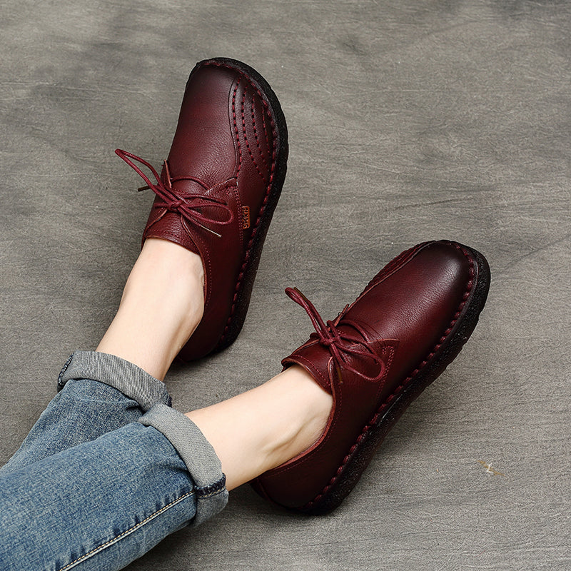 Women Handmade Oxfords Leather Comfortable Flat Lace-up Shoes
