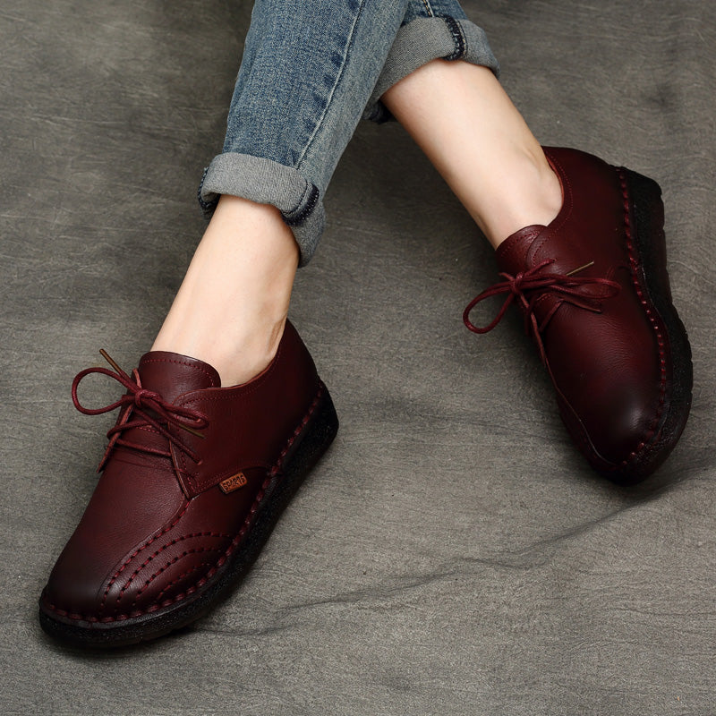 Women Handmade Oxfords Leather Comfortable Flat Lace-up Shoes