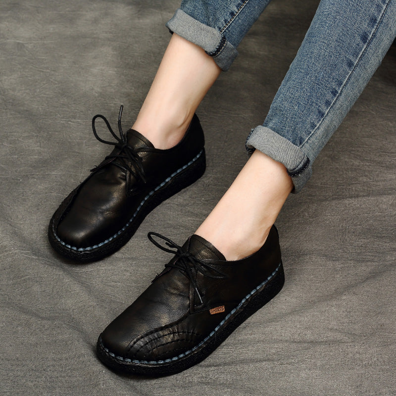 Women Handmade Oxfords Leather Comfortable Flat Lace-up Shoes