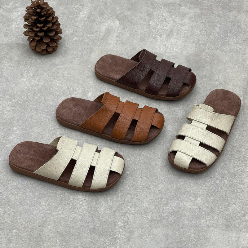 Artisanal Woven Leather Summer Slides - Minimalist Round Toe Cowhide Mules - Breathable Flat Footwear