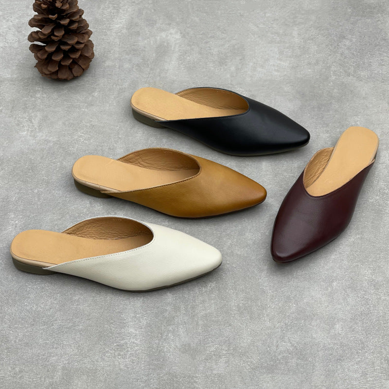 Women's Pointed Toe Leather V-Cut Mules - Unlined Minimalist Flat Slides