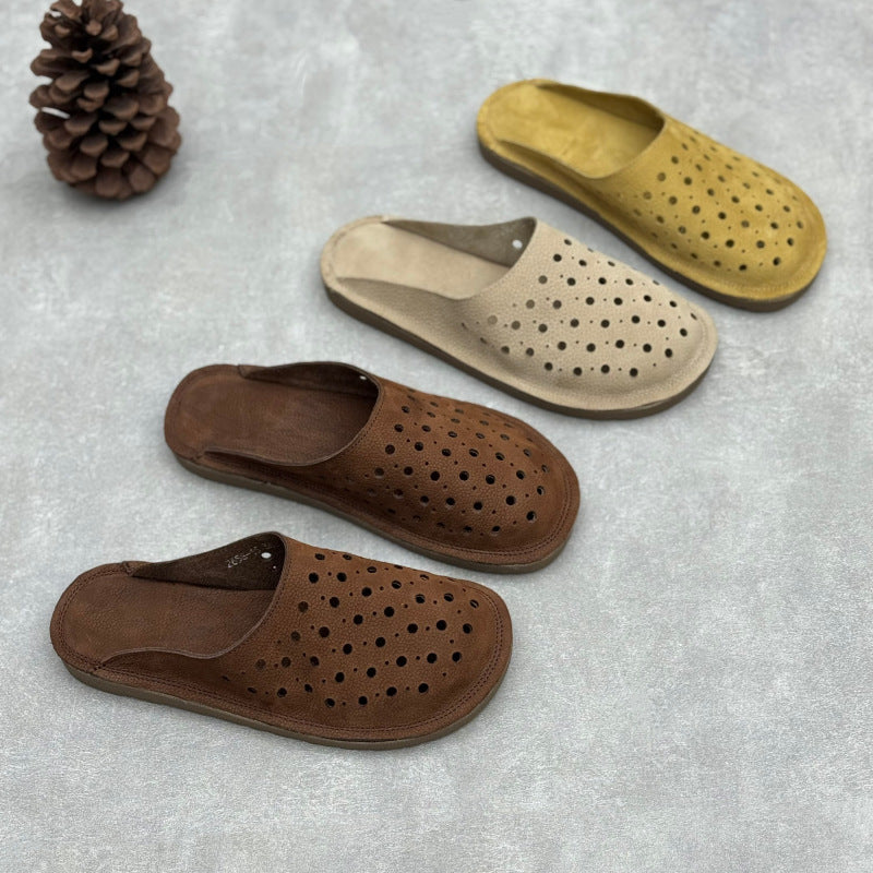 Women's The Laser-Cut Air All-Cowhide Unlined Mules - Lightweight Round Toe Flat Slides