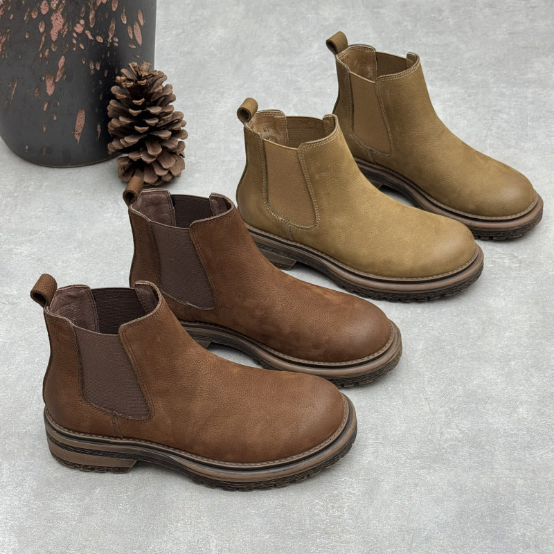 Women's Top-Grain Leather Chelsea Ankle Boots Slip On Low Platform Heel Booties
