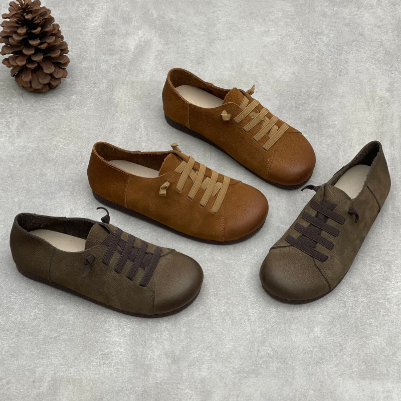 Women’s Handmade Leather Round Toe Flats – Lace-Up Lightweight Casual Shoes