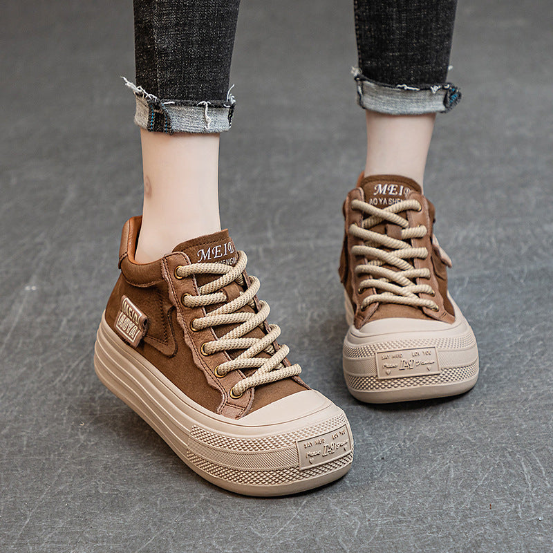 Women’s Leather Patchwork Lace-Up High-Top Shoes – Platform Casual Sneakers