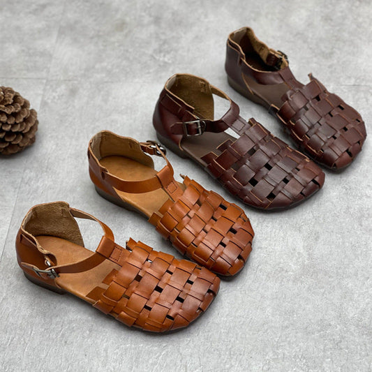 Women's Genuine Leather Woven Closed Toe Flat Sandals
