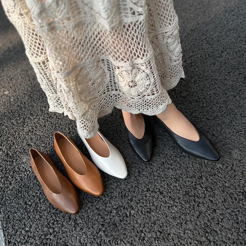 Women's Premium Leather Ballet Flats - V-Cut Pointed Toe Shoes Lightweight Spring Summer Shoes