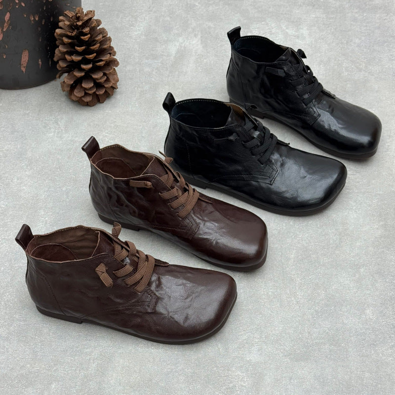 Women's Vintage Lambskin Ankle Booties Soft Sole Square Toe Elastic Slip-On Shoes