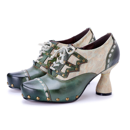 Vintage Inspired Leather Heeled Oxfords for Women - Studded Pointed Toe Lace-up Shoes