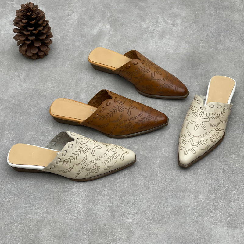 Women's Embossed Leather Mules – Vintage Bohemian Pointed-Toe Floral Slides