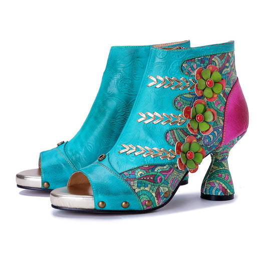 Bohemian Floral Sheepskin Booties for Women - Peep Toe Summer Sandals