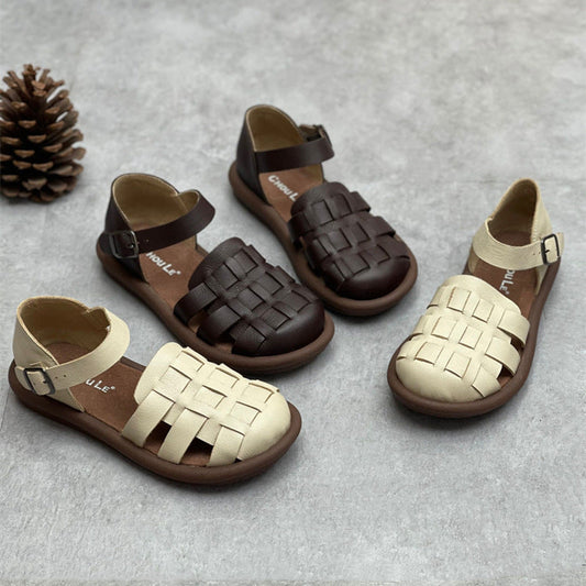 Handmade Leather Woven Closed Toe Sandals – Summer Flat Comfort Shoes for Women