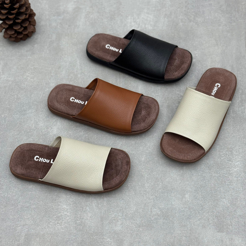 Women's Minimalist Pebbled Leather Mules - Luxury Raw-Cut Summer Slides