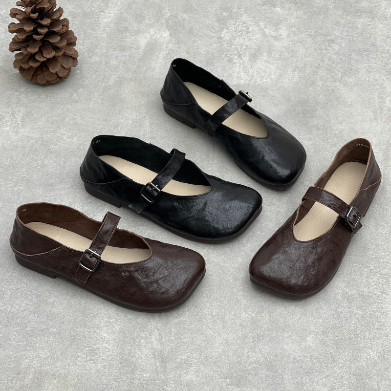 Women’s Handmade Sheepskin Mary Jane Flats – Square Toe V-Cut Comfortable Shoes