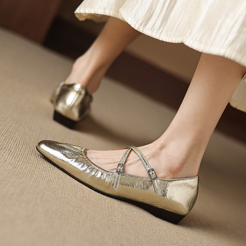 Soft Lambskin Ballet Flats with Pleated Toe - Elegant Cross-Strap Mary Janes