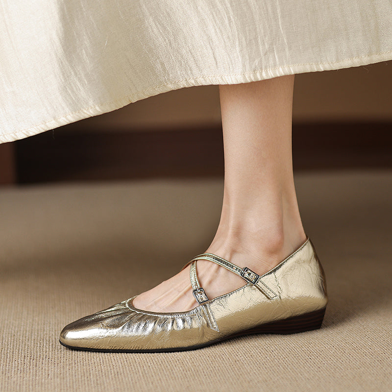 Soft Lambskin Ballet Flats with Pleated Toe - Elegant Cross-Strap Mary Janes