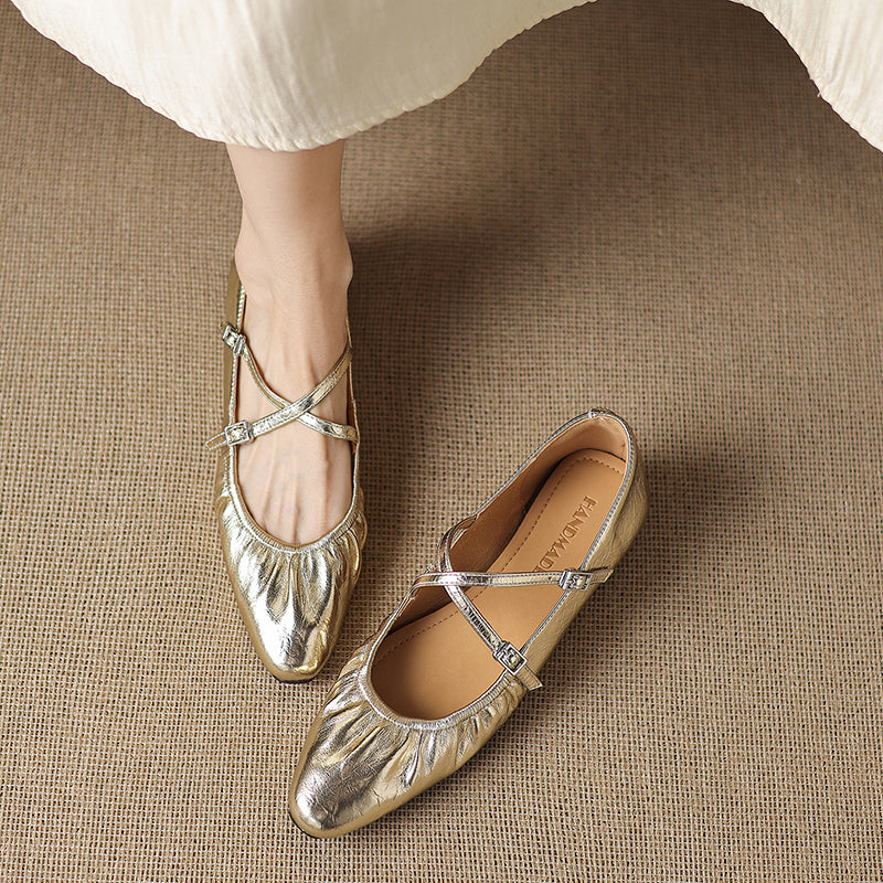 Soft Lambskin Ballet Flats with Pleated Toe - Elegant Cross-Strap Mary Janes