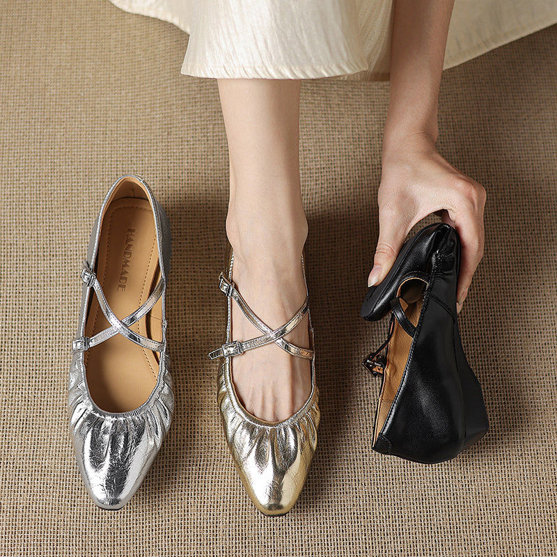 Soft Lambskin Ballet Flats with Pleated Toe - Elegant Cross-Strap Mary Janes