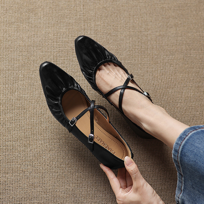 Soft Lambskin Ballet Flats with Pleated Toe - Elegant Cross-Strap Mary Janes