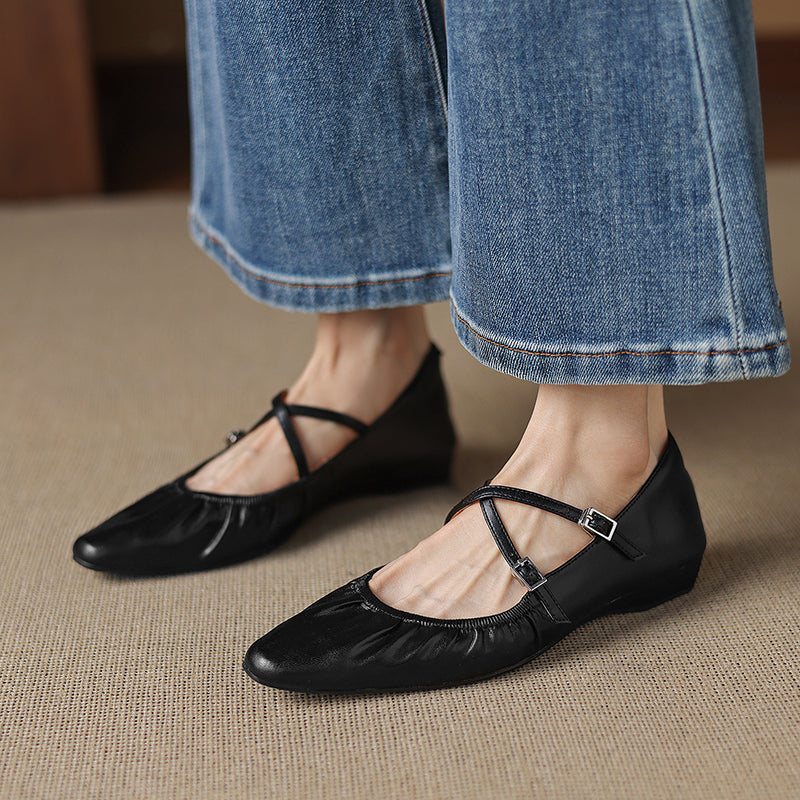 Soft Lambskin Ballet Flats with Pleated Toe - Elegant Cross-Strap Mary Janes