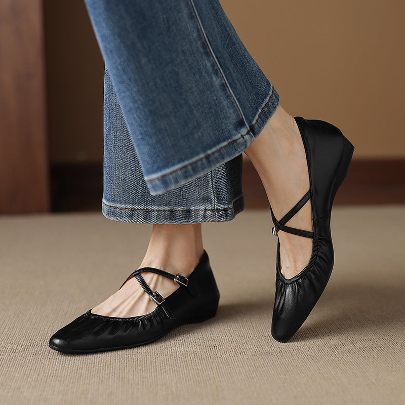 Soft Lambskin Ballet Flats with Pleated Toe - Elegant Cross-Strap Mary Janes
