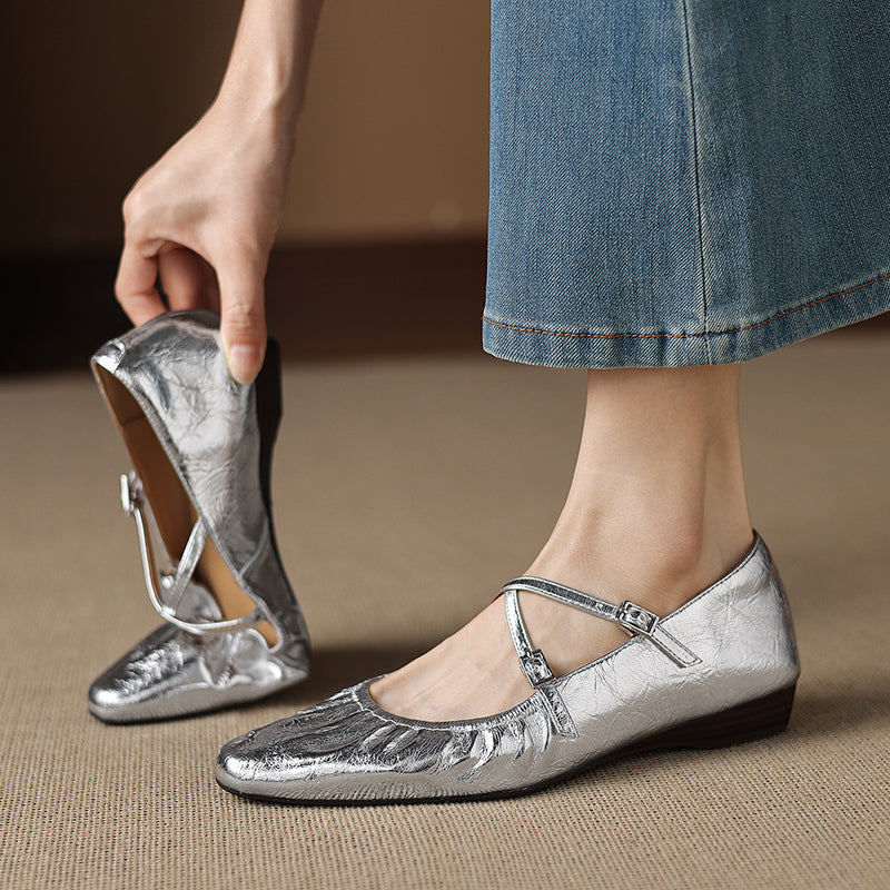 Soft Lambskin Ballet Flats with Pleated Toe - Elegant Cross-Strap Mary Janes