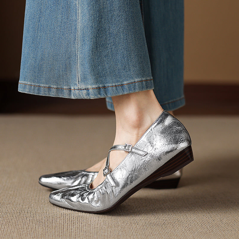 Soft Lambskin Ballet Flats with Pleated Toe - Elegant Cross-Strap Mary Janes