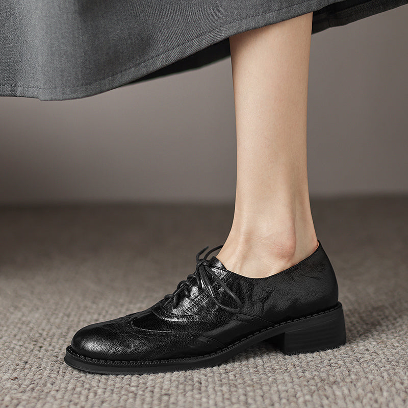 Women's Retro Leather Brogue Shoes Vintage Round Toe Lace-up Oxford Flats