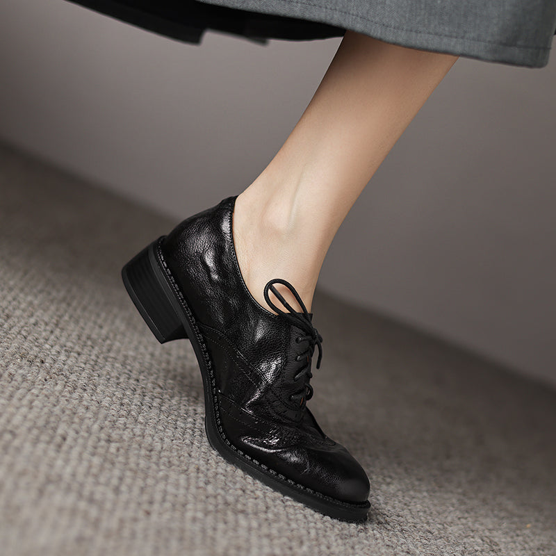 Women's Retro Leather Brogue Shoes Vintage Round Toe Lace-up Oxford Flats