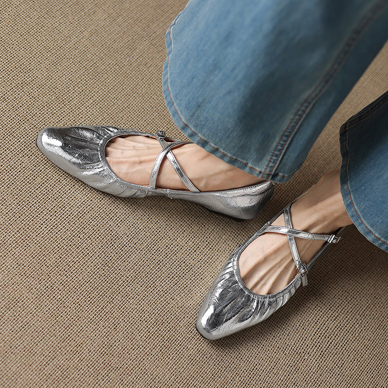 Soft Lambskin Ballet Flats with Pleated Toe - Elegant Cross-Strap Mary Janes