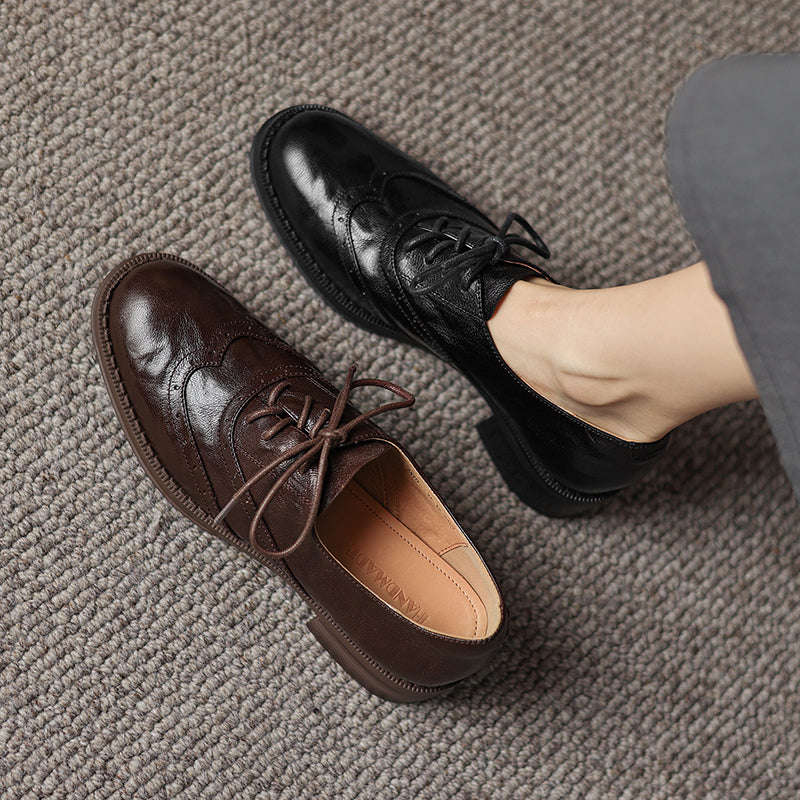 Women's Retro Leather Brogue Shoes Vintage Round Toe Lace-up Oxford Flats