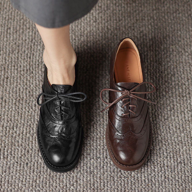 Women's Retro Leather Brogue Shoes Vintage Round Toe Lace-up Oxford Flats